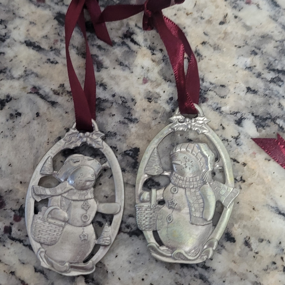 Longaberger Silver Snowman Ornaments with Burgundy Ribbon